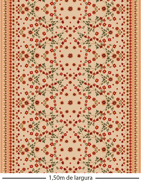 Tecido Viscose Estampada Especial Barra para Vestido - Jardim Persa - 100% Viscose - Largura 1,40m