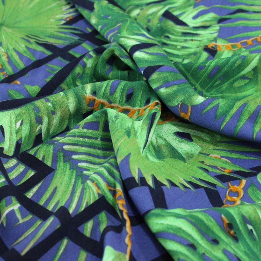 Tecido Viscose Estampada - Plantas e Correntes - Azul - 100% Viscose - Largura 1,40m