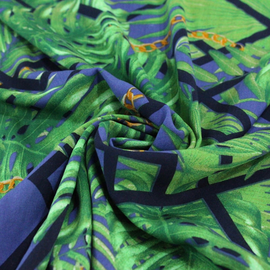 Tecido Viscose Estampada - Plantas e Correntes - Azul - 100% Viscose - Largura 1,40m