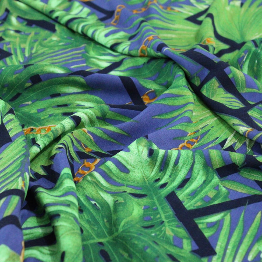 Tecido Viscose Estampada - Plantas e Correntes - Azul - 100% Viscose - Largura 1,40m