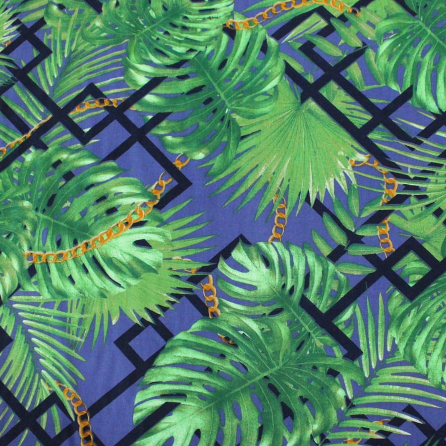 Tecido Viscose Estampada - Plantas e Correntes - Azul - 100% Viscose - Largura 1,40m